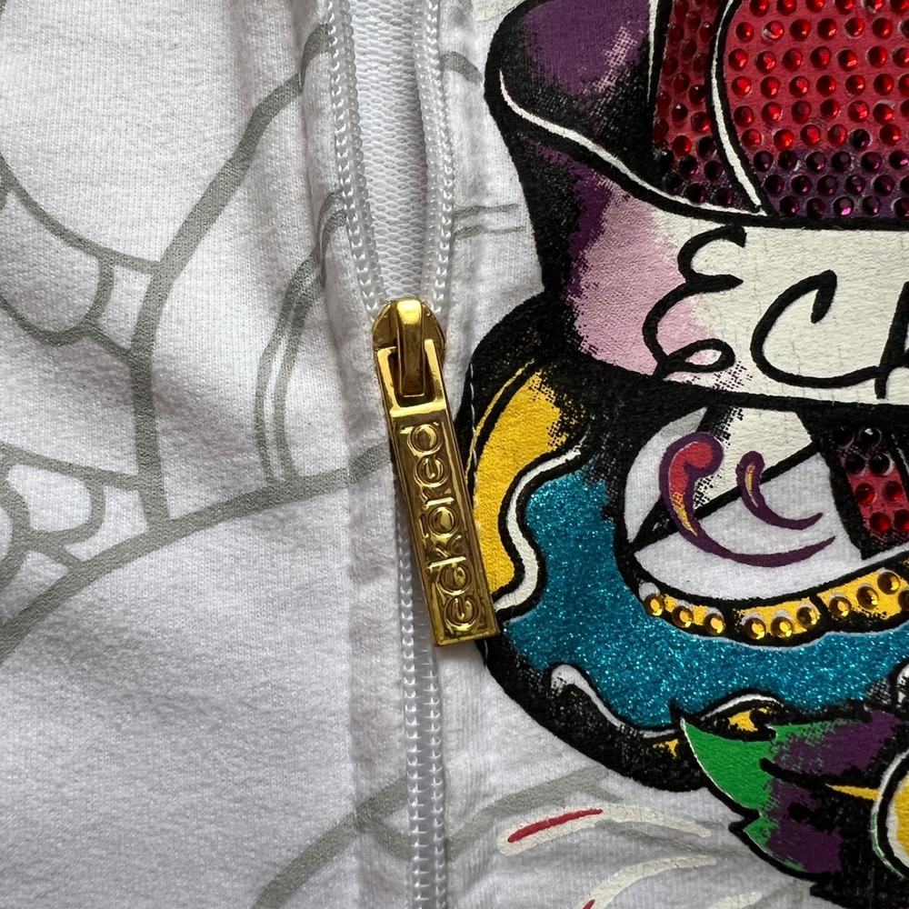 VTG Ecko Red Womens White Tattoo Graphic Zip Up Hoodie Rhinestone Heart Y2K M - Picture 9 of 12